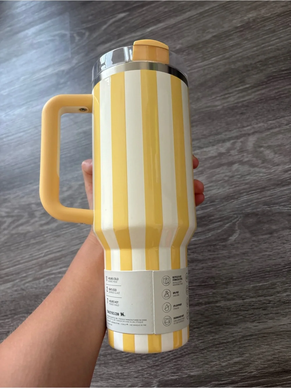 Stanley Yellow and White Striped Quencher Tumbler with Handle and Straw - Picture 3 of 6